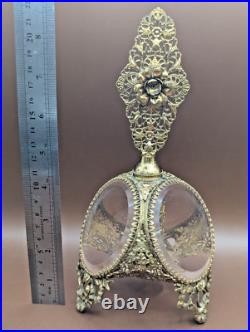 Vintage Ormolu Gilded Filigree Perfume Bottle With Glass Vile & Dauber 8.5