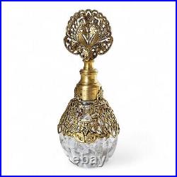 Vintage Ormolu Gold Filigree Overlay Faceted Clear Glass Perfume Bottle