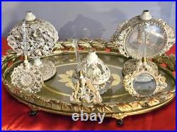 Vintage Ormolu Gold Gilt Rose Filigree Pierced Footed Perfume Bottle Dauber