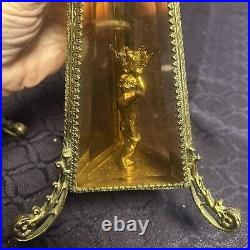 Vintage Ormolu Pair Perfume Bottles Amber Beveled Glass Filigree Cherub 13.25