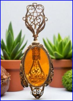 Vintage Ormolu Perfume Bottle Amber Glass Filigree Footed with Original Dauber