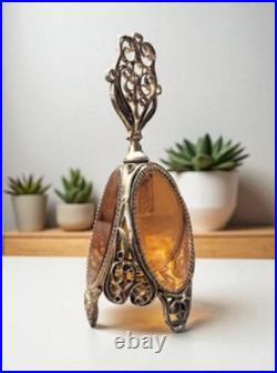 Vintage Ormolu Perfume Bottle Amber Glass Filigree Footed with Original Dauber