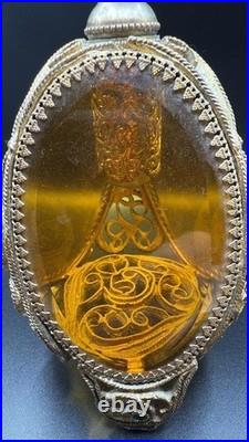 Vintage Ormolu Perfume Bottle Amber Glass Filigree Footed with Original Dauber