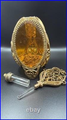 Vintage Ormolu Perfume Bottle Amber Glass Filigree Footed with Original Dauber