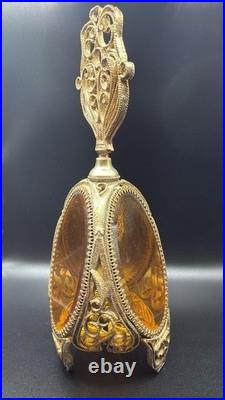 Vintage Ormolu Perfume Bottle Amber Glass Filigree Footed with Original Dauber