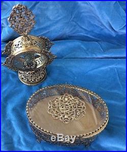 Vintage Ormolu Perfume Bottle & Vanity Trinket Jewelry Box Antiqued Gold & Glass