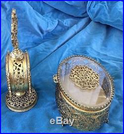 Vintage Ormolu Perfume Bottle & Vanity Trinket Jewelry Box Antiqued Gold & Glass