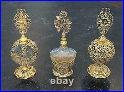 Vintage Ormolu Perfume Bottles 24 KT Gold Plate with Glass Dopper by Globe