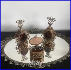 Vintage Ormolu Vanity Set Amber Glass Perfume Bottles Tray Hollywood Regency