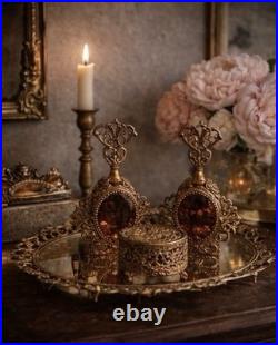 Vintage Ormolu Vanity Set Amber Glass Perfume Bottles Tray Hollywood Regency