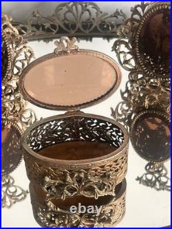 Vintage Ormolu Vanity Set Amber Glass Perfume Bottles Tray Hollywood Regency