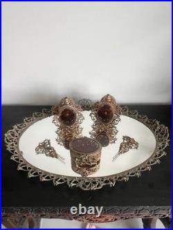 Vintage Ormolu Vanity Set Amber Glass Perfume Bottles Tray Hollywood Regency