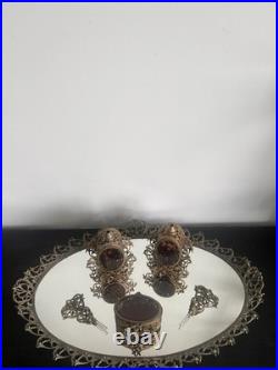 Vintage Ormolu Vanity Set Amber Glass Perfume Bottles Tray Hollywood Regency