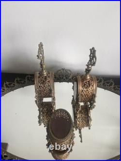Vintage Ormolu Vanity Set Amber Glass Perfume Bottles Tray Hollywood Regency