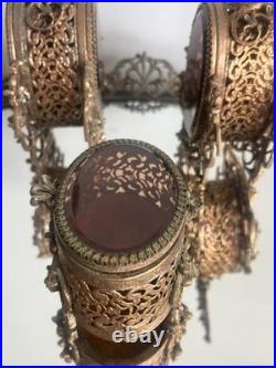 Vintage Ormolu Vanity Set Amber Glass Perfume Bottles Tray Hollywood Regency