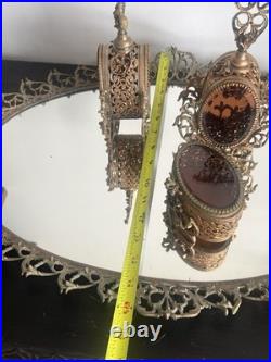 Vintage Ormolu Vanity Set Amber Glass Perfume Bottles Tray Hollywood Regency