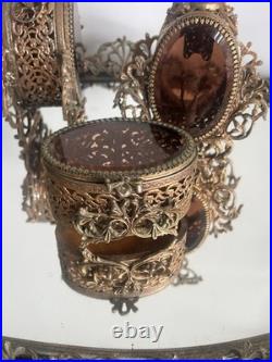 Vintage Ormolu Vanity Set Amber Glass Perfume Bottles Tray Hollywood Regency
