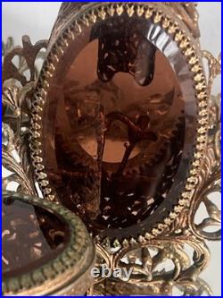 Vintage Ormolu Vanity Set Amber Glass Perfume Bottles Tray Hollywood Regency