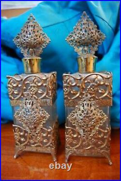 Vintage Ornate Filigree Ormolu Vanity Glass Perfume Bottle 6 pieces