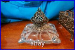 Vintage Ornate Filigree Ormolu Vanity Glass Perfume Bottle 6 pieces