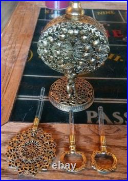Vintage Ornate Gilt Filigree Perfume Bottle + 3 Unmatching Daubers (R)