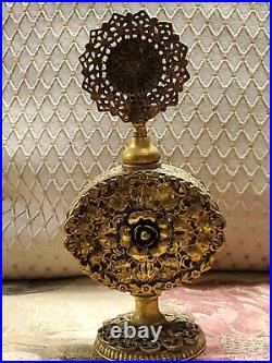 Vintage Ornate Gilt Ormolu Filigree Perfume Bottle Dauber Hollywood Regency