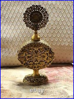 Vintage Ornate Gilt Ormolu Filigree Perfume Bottle Dauber Hollywood Regency