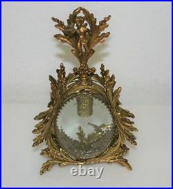 Vintage Ornate Gold Filigree Beveled Glass Footed Perfume Bottle Cherub Stopper