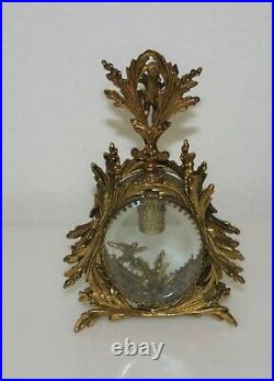 Vintage Ornate Gold Filigree Beveled Glass Footed Perfume Bottle Cherub Stopper
