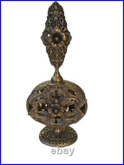 Vintage Ornate Gold Filigree Pedestal Perfume Bottle Detailed Flowers 10 Tall