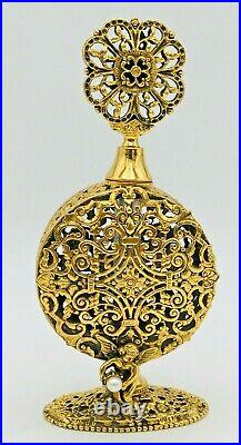 Vintage Ornate Gold Ormolu Filigree Perfume Bottle Pearls & Cherubs