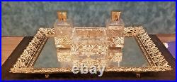 Vintage Ornate Hollywood Regency Perfume Cologne Filigree Dresser Set & Mirror