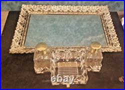 Vintage Ornate Hollywood Regency Perfume Cologne Filigree Dresser Set & Mirror