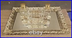 Vintage Ornate Hollywood Regency Perfume Cologne Filigree Dresser Set & Mirror