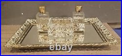 Vintage Ornate Hollywood Regency Perfume Cologne Filigree Dresser Set & Mirror