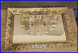Vintage Ornate Hollywood Regency Perfume Cologne Filigree Dresser Set & Mirror