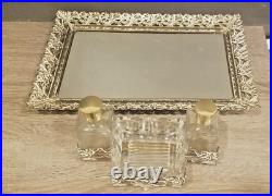 Vintage Ornate Hollywood Regency Perfume Cologne Filigree Dresser Set & Mirror