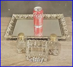Vintage Ornate Hollywood Regency Perfume Cologne Filigree Dresser Set & Mirror