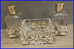 Vintage Ornate Hollywood Regency Perfume Cologne Filigree Dresser Set & Mirror
