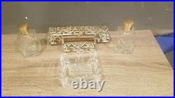 Vintage Ornate Hollywood Regency Perfume Cologne Filigree Dresser Set & Mirror