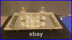 Vintage Ornate Hollywood Regency Perfume Cologne Filigree Dresser Set & Mirror