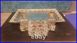 Vintage Ornate Hollywood Regency Perfume Cologne Filigree Dresser Set & Mirror