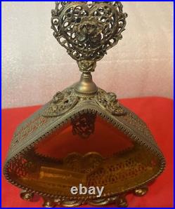 Vintage Ornate Large Perfume Bottle Filigree Gold Ormolu Tone Amber Glass As-is