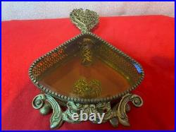 Vintage Ornate Large Perfume Bottle Filigree Gold Ormolu Tone Amber Glass As-is