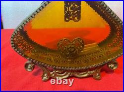Vintage Ornate Large Perfume Bottle Filigree Gold Ormolu Tone Amber Glass As-is