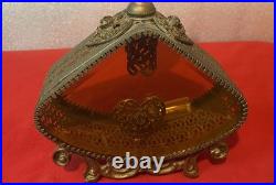 Vintage Ornate Large Perfume Bottle Filigree Gold Ormolu Tone Amber Glass As-is