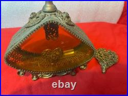 Vintage Ornate Large Perfume Bottle Filigree Gold Ormolu Tone Amber Glass As-is