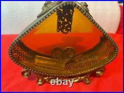 Vintage Ornate Large Perfume Bottle Filigree Gold Ormolu Tone Amber Glass As-is