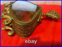 Vintage Ornate Large Perfume Bottle Filigree Gold Ormolu Tone Amber Glass As-is