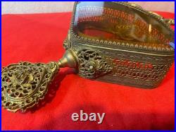 Vintage Ornate Large Perfume Bottle Filigree Gold Ormolu Tone Amber Glass As-is
